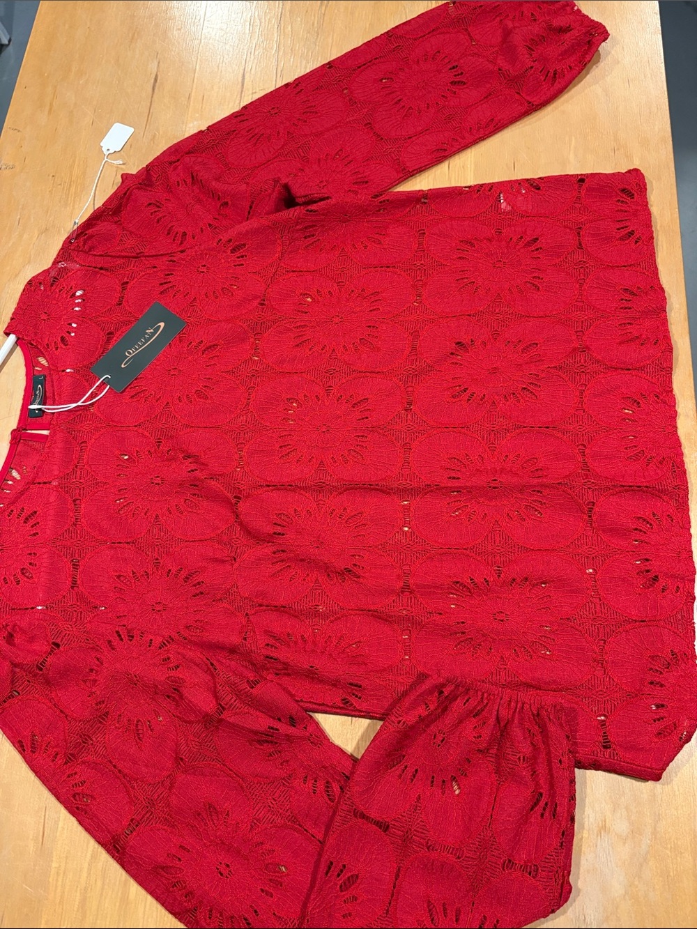 Ofeefan ~ Cherry 🍒 Red Crochet Lace Long-Sleeve Blouse Top Shirt Balloon Sleeves